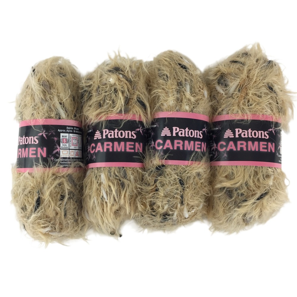 Patons Carmen Yarn 4 Skeins Camel Bulky 5 Fuzzy Eyelash Nylon Blend 1.75 oz each